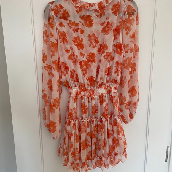 Misa Los Angeles Lorena Long Sleeve Mini Dress Orange Floral Ruffle Chiffon XS - Picture 9 of 10